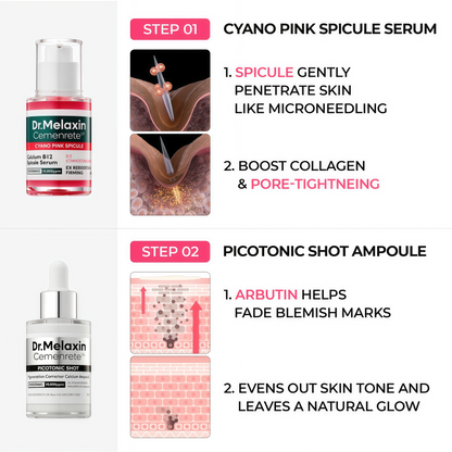 Dr. Melaxin Cemenrete Serum Duo Set 2-Pack Bundle (Cyano Pink Spicule Serum w/ Calcium + Picotonic Shot Calcium Serum) Firming, Pore Tightening, Collagen & Dark Spot Care, 1.01 fl oz Each