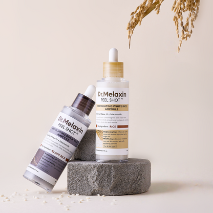 Dr. Melaxin Peel Shot Glow Rice Peeling Ampoule 80ml 2-Pack Bundle (Black Rice & White Rice) Daily Soft Exfoliating Face and Body Scrub Dead Skin Cells Blackhead Remover for All Skin Types